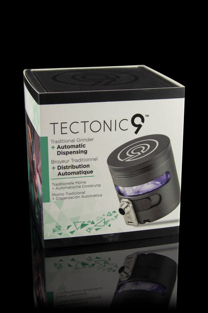 Product packaging for a “Tectonic9” automatic cannabis grinder, displaying multilingual text and a product image.