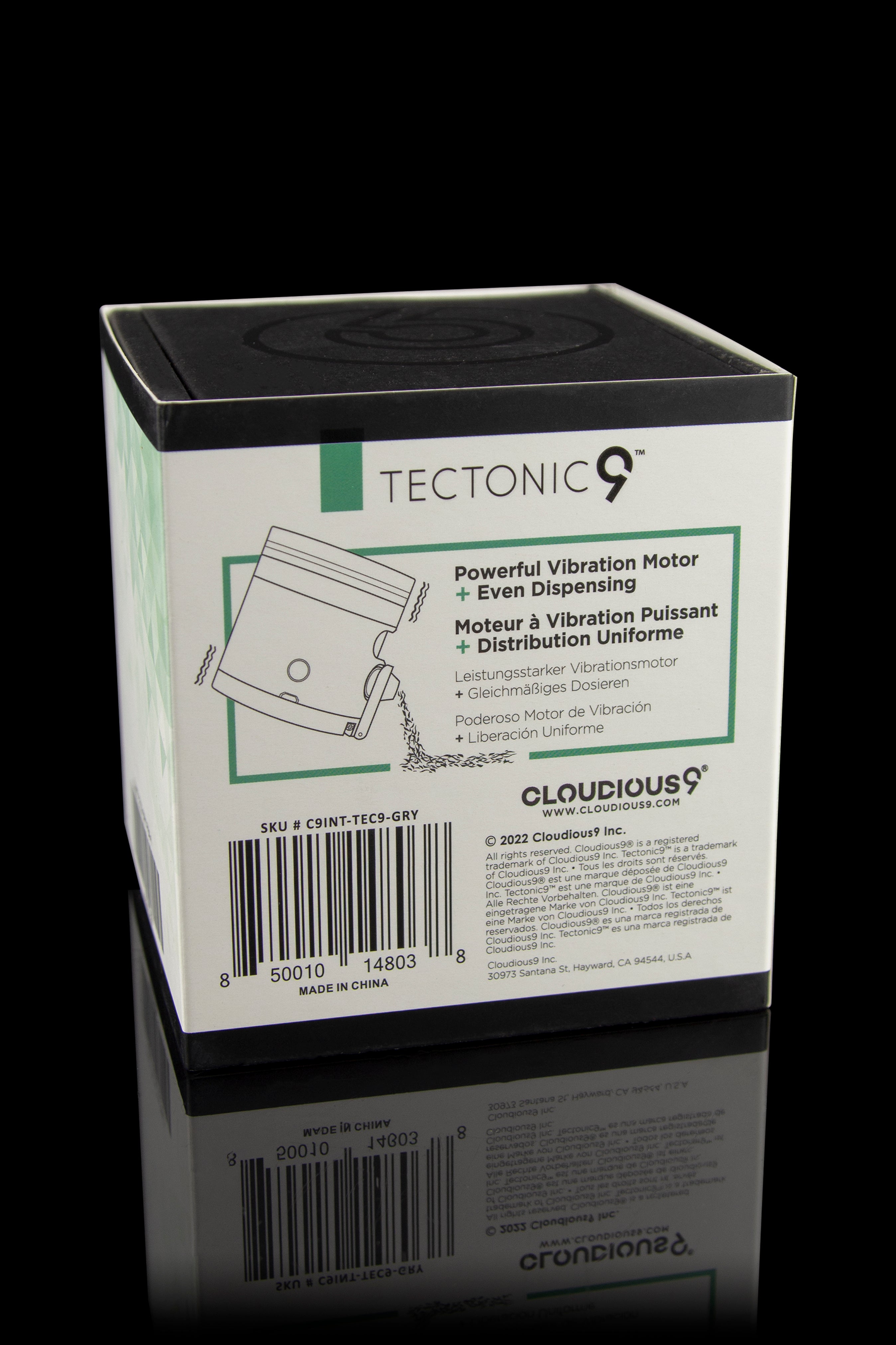 Packaging for “Tectonic9” cannabis grinder with features listed in English, French, German, and Spanish.