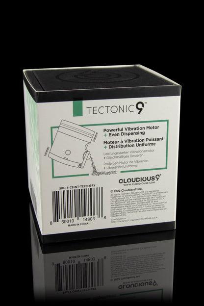 Packaging for “Tectonic9” cannabis grinder with features listed in English, French, German, and Spanish.