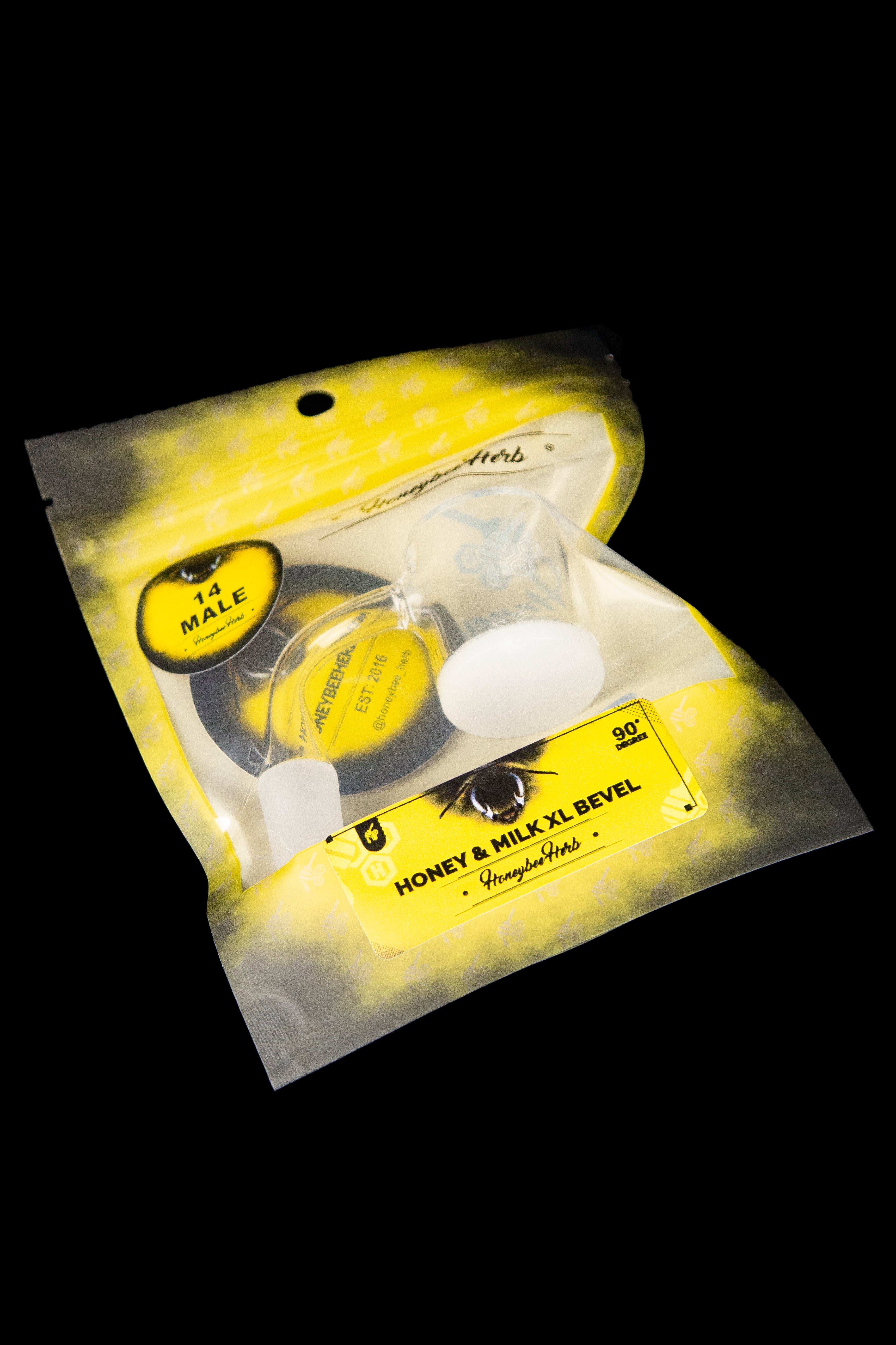 Yellow foil cannabis accessory pouch with bee illustration and product labeling.