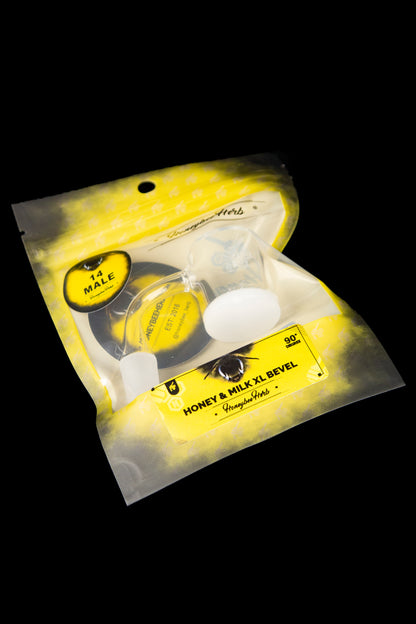 Yellow foil cannabis accessory pouch with bee illustration and product labeling.