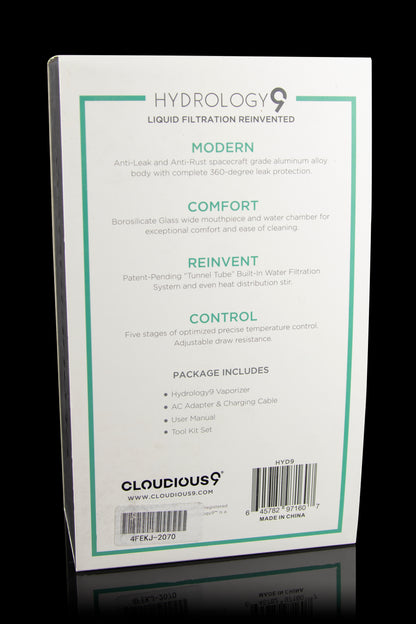Product packaging for the Hydrology9 vaporizer, detailing features like water filtration, temperature control, and included accessories.