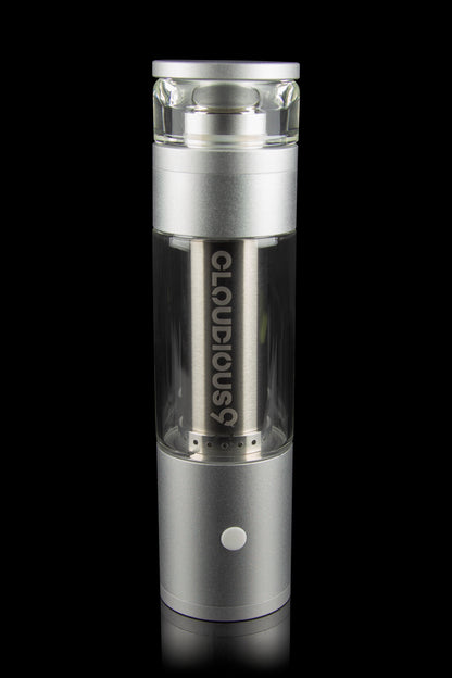Silver cannabis e-rig with glass bubbler, labeled “Cloudious9.”