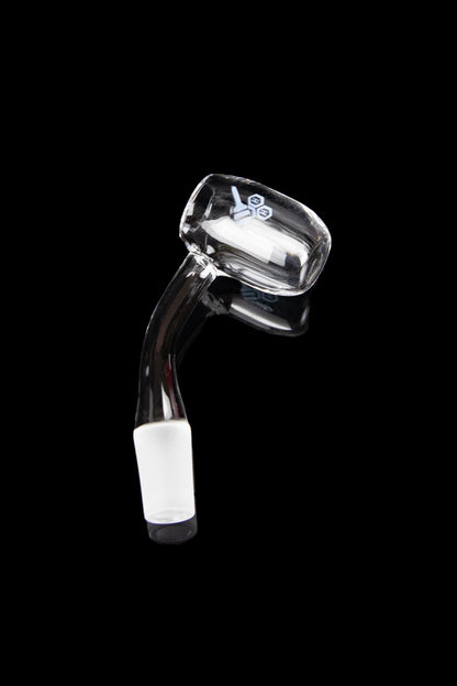 Clear glass dab nail with a bent neck and angled bowl, isolated on a black background.