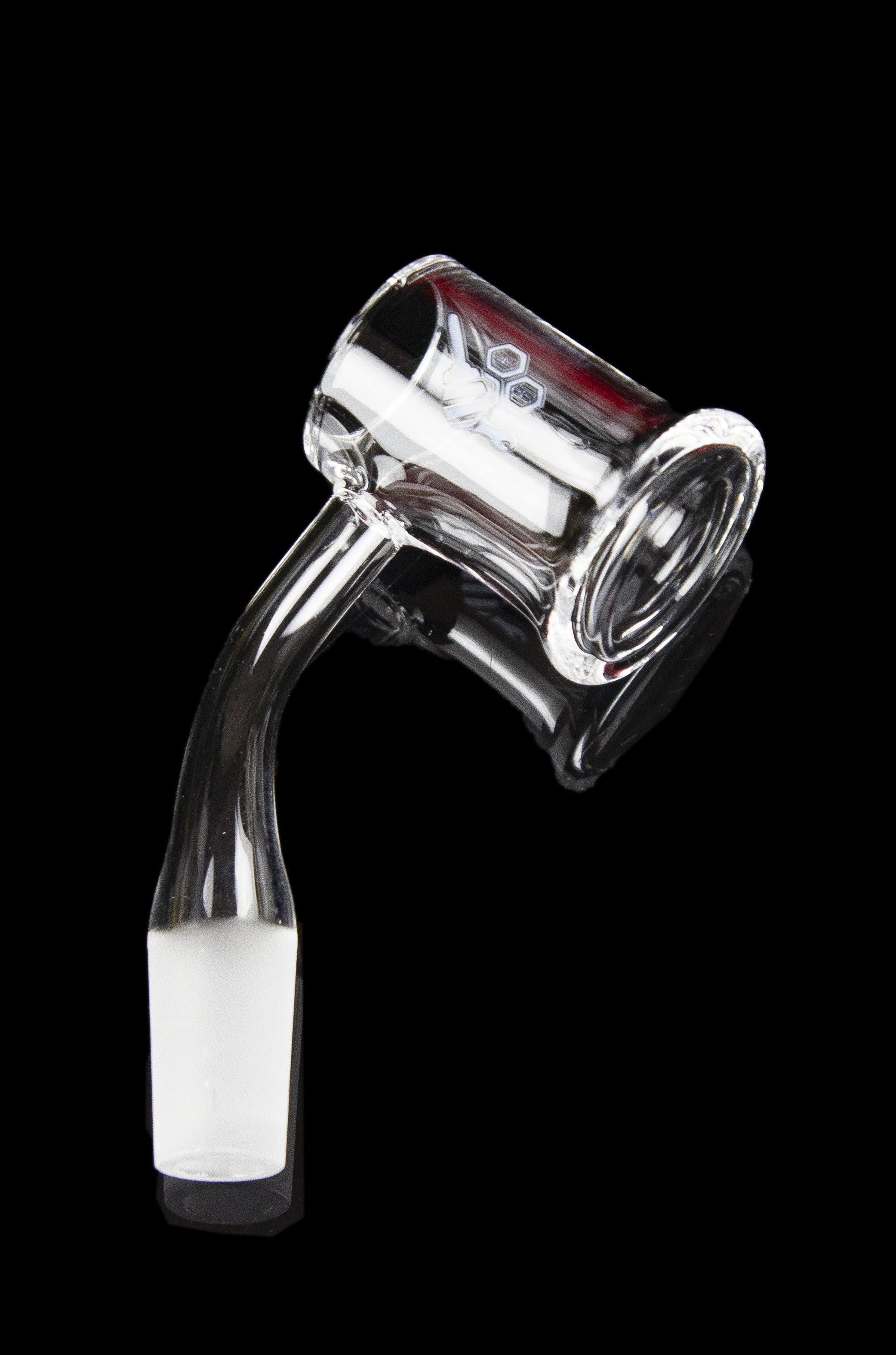 Clear glass dab rig with red accent and angled neck, isolated on a black background.