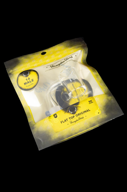 Packaged cannabis rolling papers with branding elements, including a bee illustration and text indicating "Flat Top Original" and "90mm."