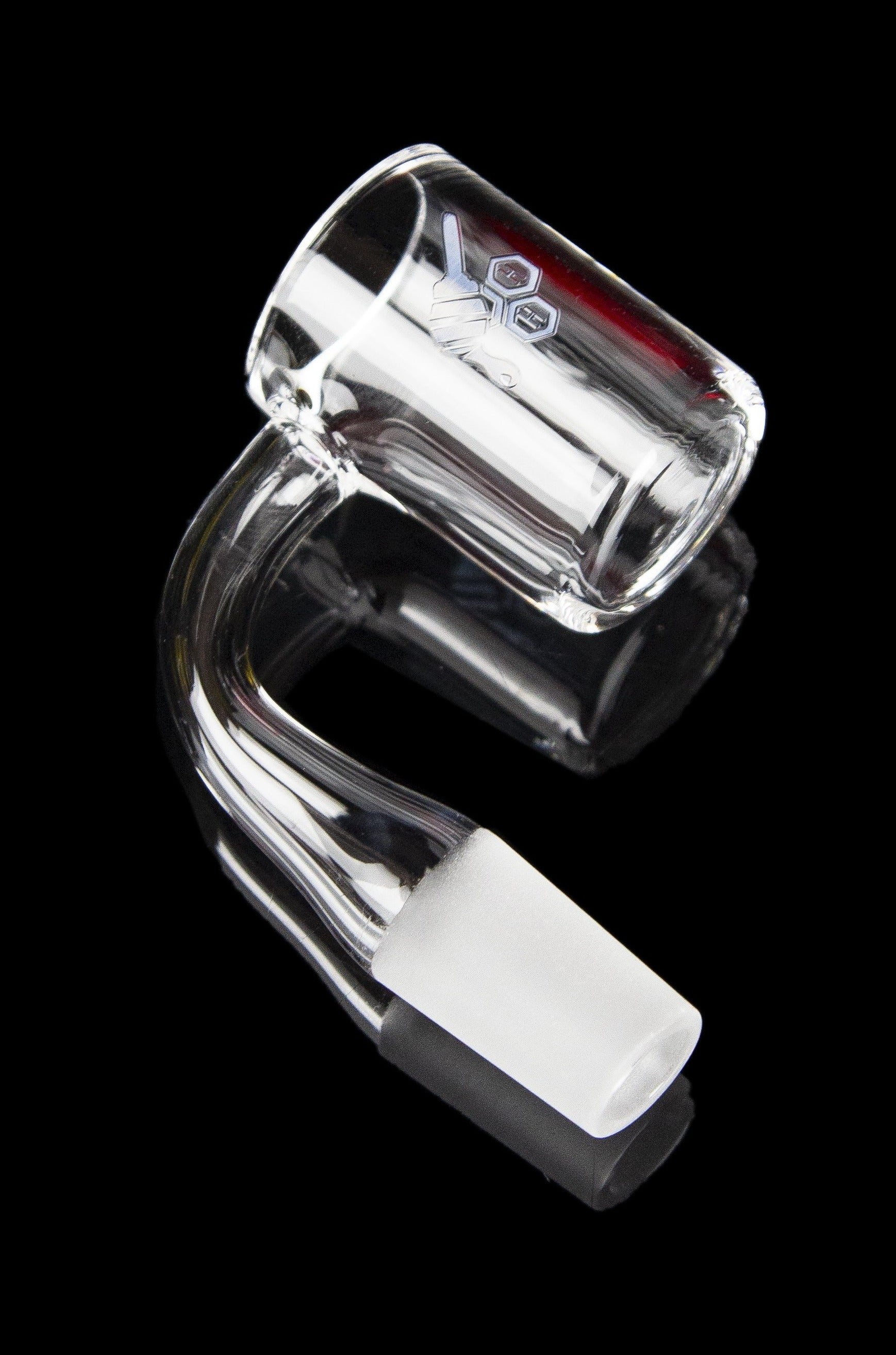 Clear glass dab rig with a curved neck and flat base, isolated on a black background.