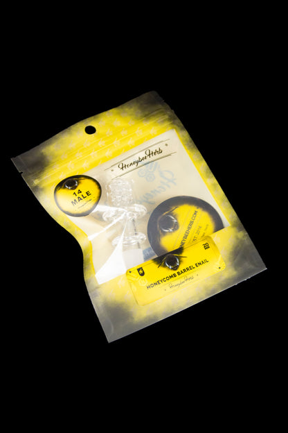 Yellow foil pouch for Honeybee Herbs cannabis accessory, featuring a graphic of a bee and text indicating "Honeycomb Barrel Enail."