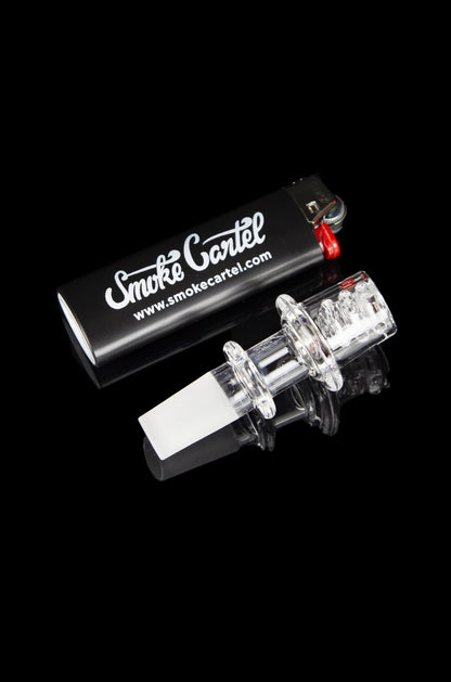 Glass bubbler with black accents and “Smoke Cartel” branding against a black background.