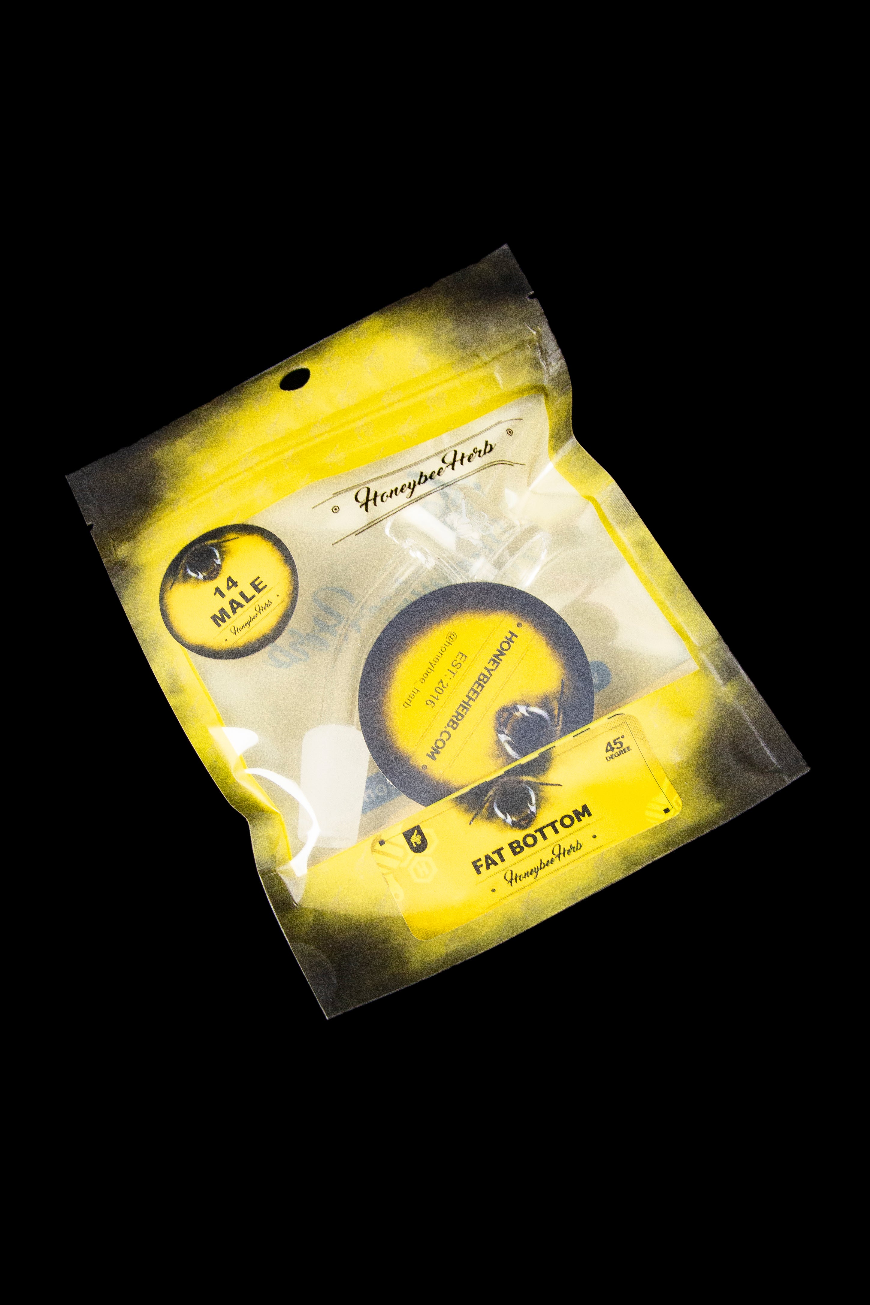 Yellow mylar bag of cannabis, branded "Honeybee Herbs" with graphic designs and product information.