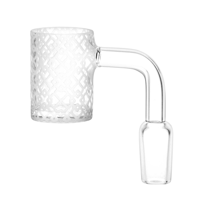 A close-up, angled view of the Interlocking Diamonds Etched Quartz Banger, displaying its patterned, clear glass construction.