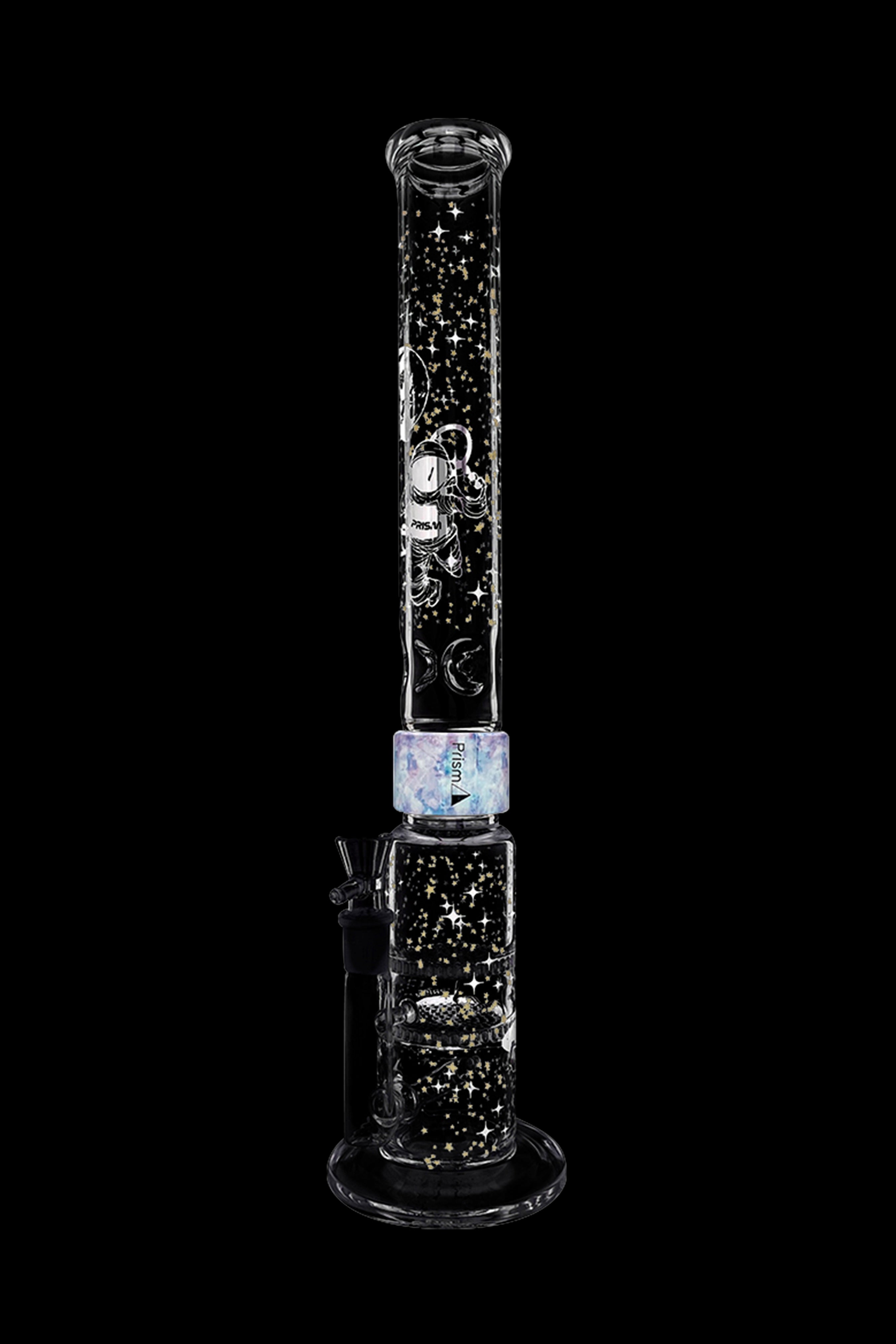 A glass bong with a black and white celestial design, featuring stars and crescent moons, against a black background.
