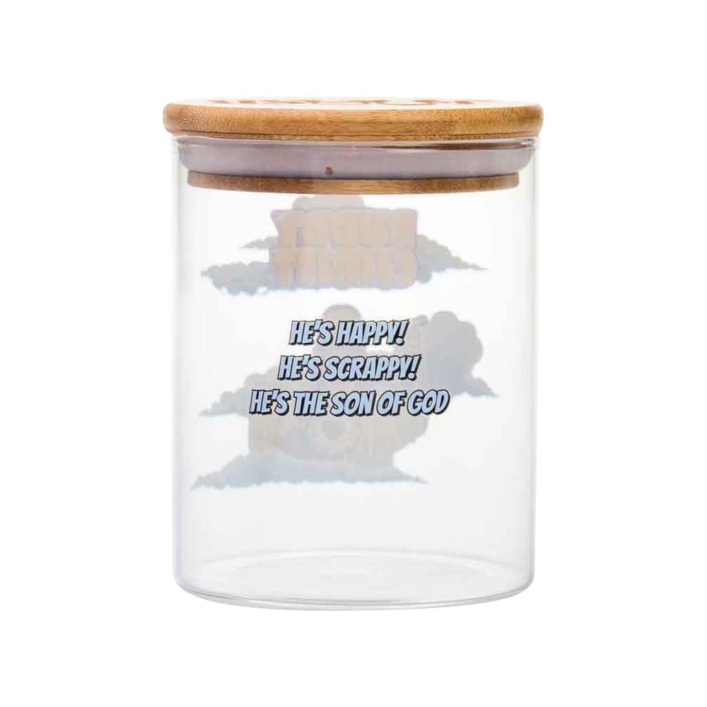 Front view of the "Jay and Silent Bob "Buddy Christ" Stash Jar," a clear glass jar displaying the iconic Buddy Christ design.