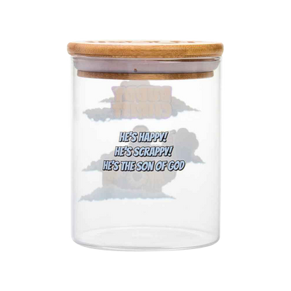 Front view of the "Jay and Silent Bob "Buddy Christ" Stash Jar," a clear glass jar displaying the iconic Buddy Christ design.