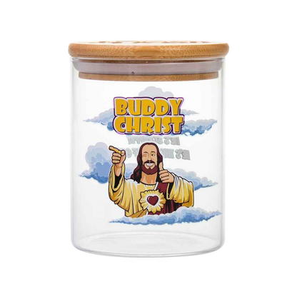 Front view of the Jay and Silent Bob "Buddy Christ" Stash Jar, depicting a smiling figure on a clear glass container.