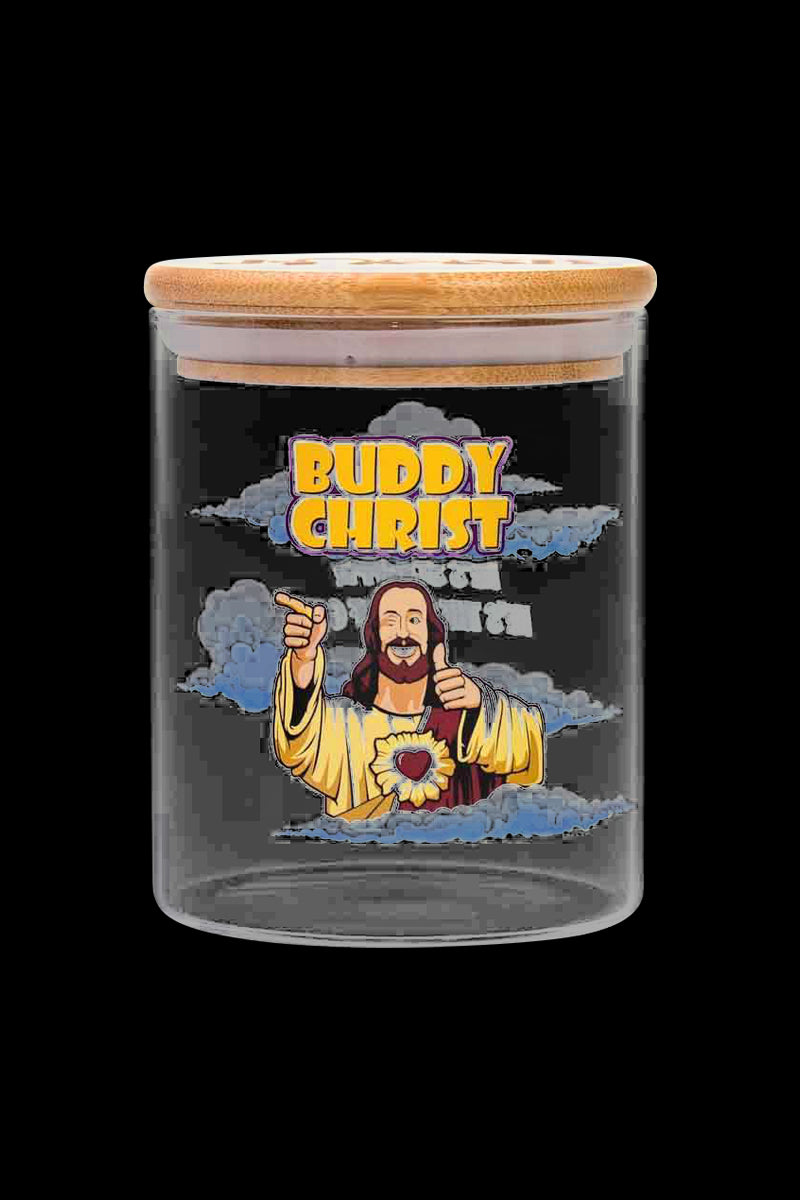 Front view of the Jay and Silent Bob “Buddy Christ” Stash Jar, showcasing the illustrated character on a clear glass container.