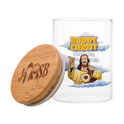 Front view of the Jay and Silent Bob "Buddy Christ" Stash Jar, depicting a smiling figure on a clear glass container.