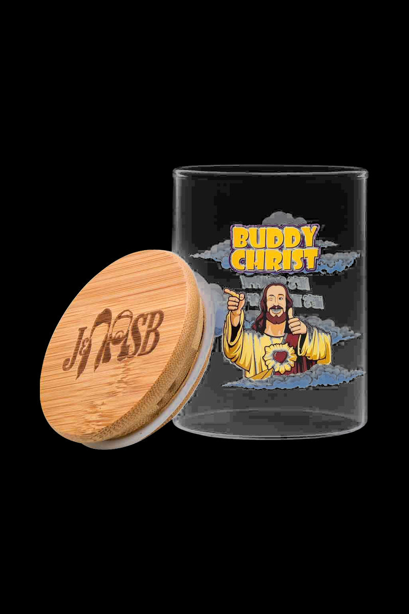 Front view of the Jay and Silent Bob "Buddy Christ" Stash Jar, showcasing a colorful graphic design on a glass container.