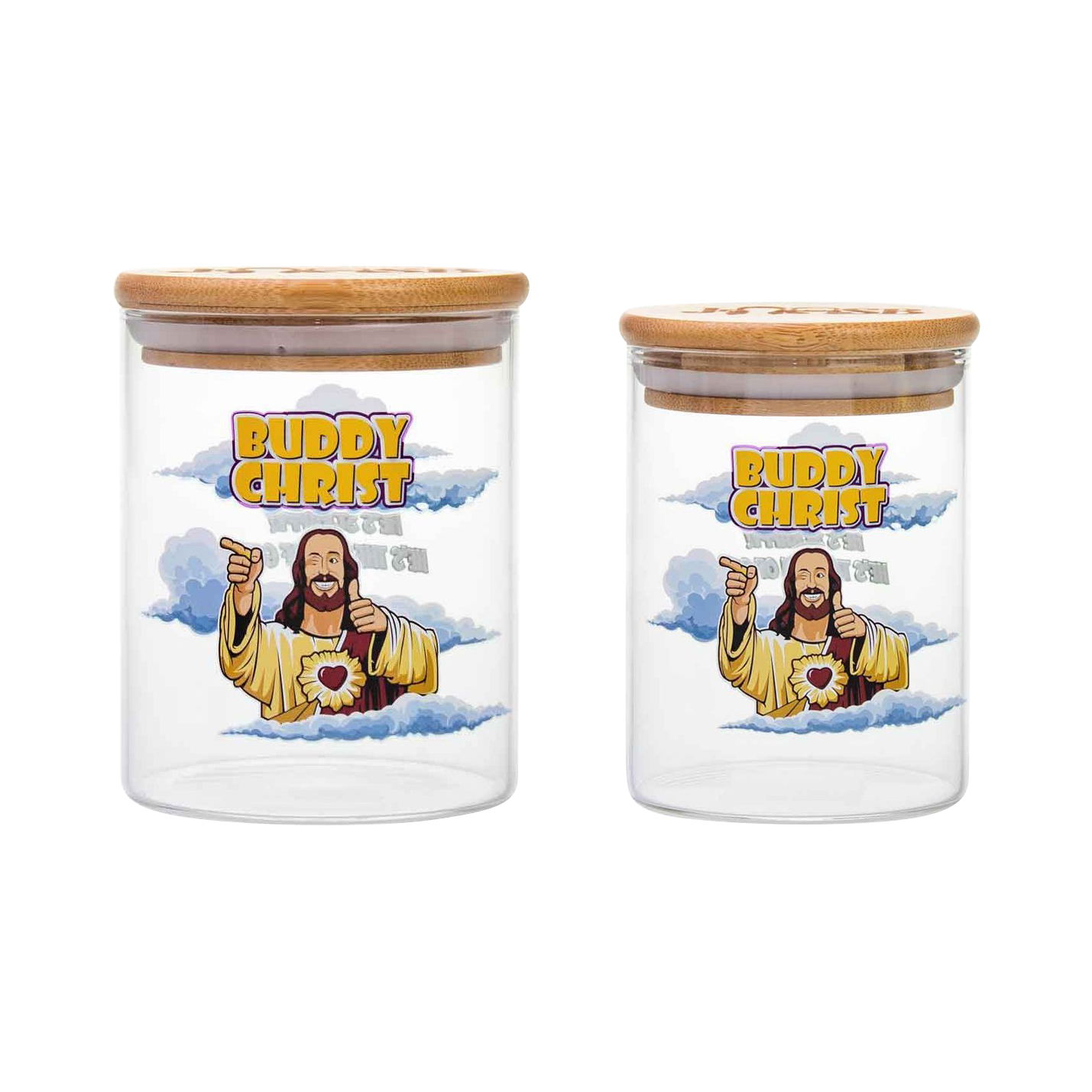 Front view of the Jay and Silent Bob "Buddy Christ" Stash Jar, featuring a detailed image of Buddy Christ on a clear glass jar.