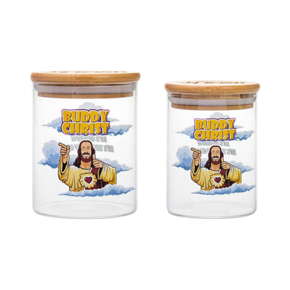 Front view of the Jay and Silent Bob "Buddy Christ" Stash Jar, featuring a detailed image of Buddy Christ on a clear glass jar.