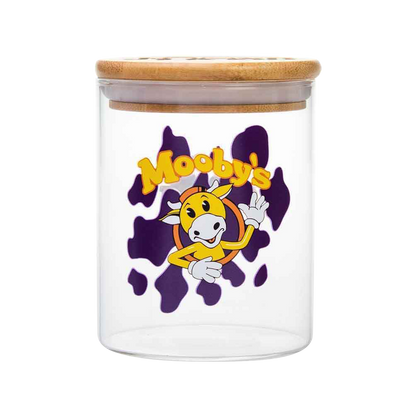 Front view of the Jay and Silent Bob "Moobys" Stash Jar, featuring a cartoon cow design on clear glass.