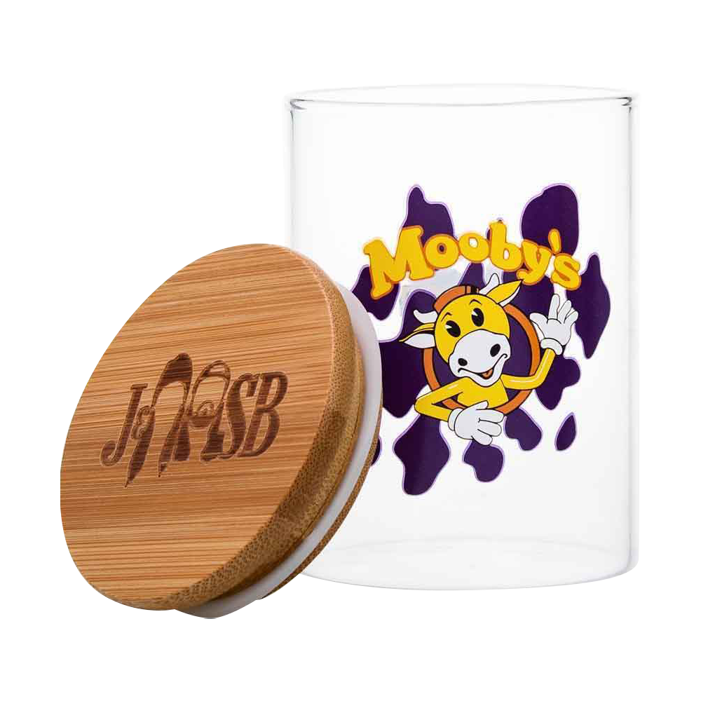 Front view of the Jay and Silent Bob "Moobys" Stash Jar featuring colorful cartoon graphics on a white background.