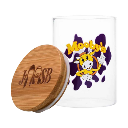 Front view of the Jay and Silent Bob "Moobys" Stash Jar featuring colorful cartoon graphics on a white background.