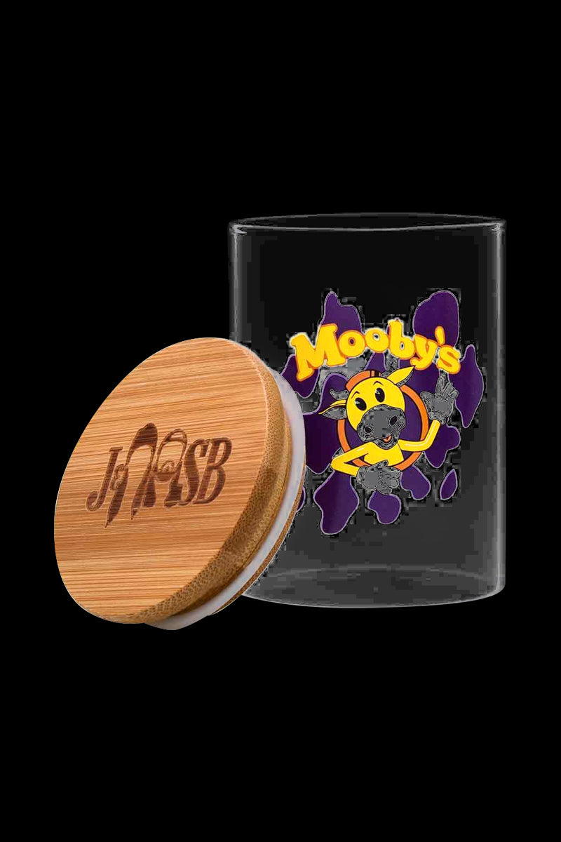 Front view of the Jay and Silent Bob "Moobys" Stash Jar featuring colorful branding on a dark background.