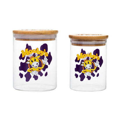 Front view of the Jay and Silent Bob "Moobys" Stash Jar, showcasing a clear glass jar with a branded design.