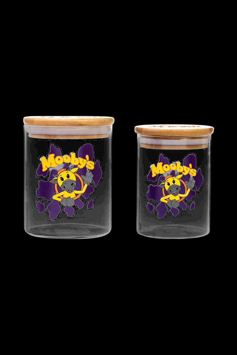 Front view of the Jay and Silent Bob "Moobys" Stash Jar, a clear glass container with a branded label on a black background.