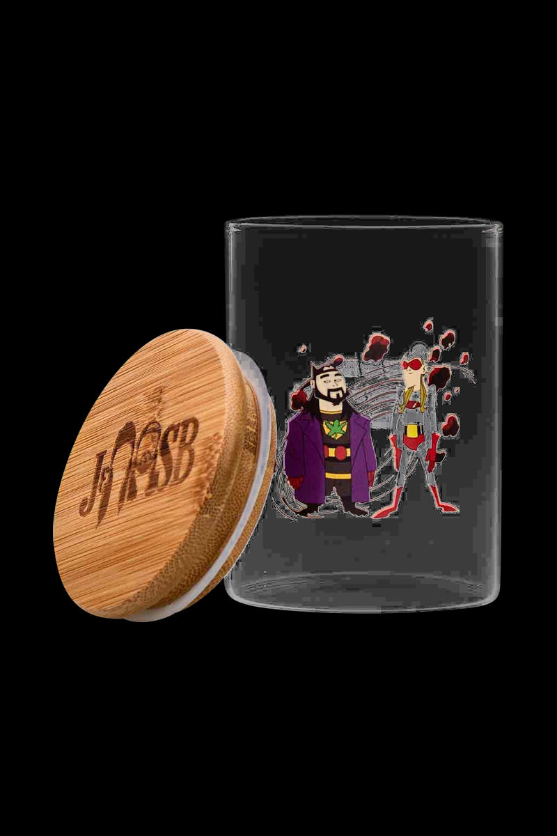 The Jay and Silent Bob Stash Jar - Bluntman & Chronic is pictured from a high angle, lid slightly askew, revealing an empty interior.