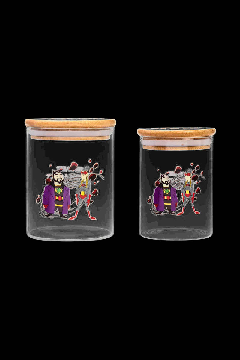 A front view of the Jay and Silent Bob Stash Jar - Bluntman & Chronic, featuring a clear glass jar with character art.