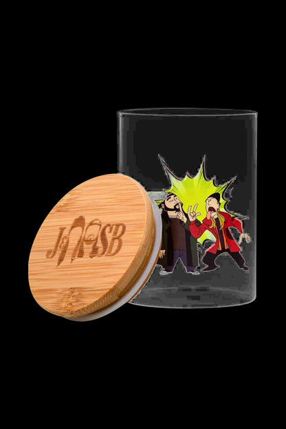 Front view of the Jay and Silent Bob Stash Jar, showcasing a colorful graphic design on a round container.