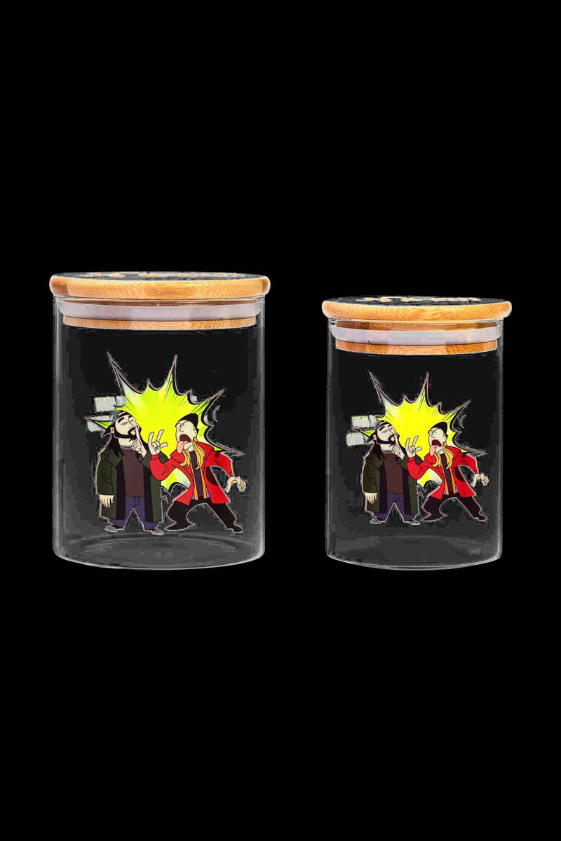Front view of the Jay and Silent Bob Stash Jar, a clear glass container with a character design.