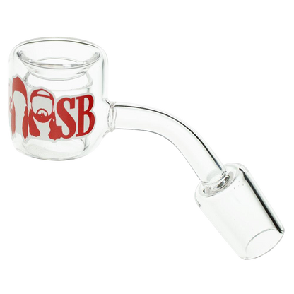 A close-up, angled view of the Jay and Silent Bob Quartz Banger, showcasing its clear quartz construction and bowl shape.