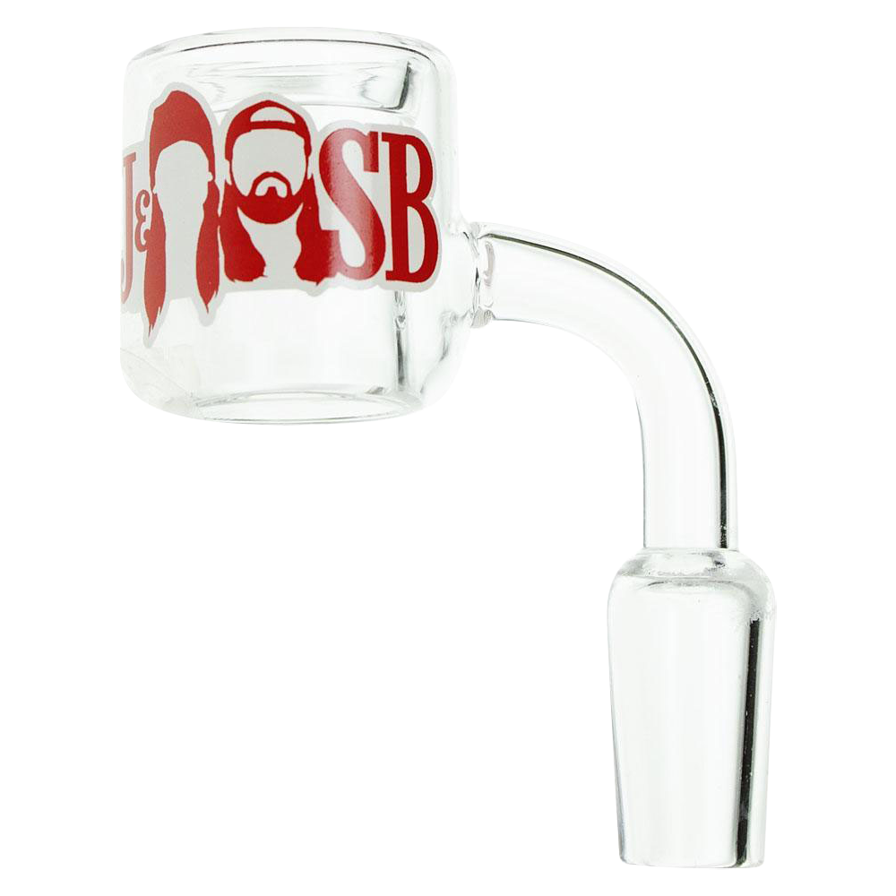 A close-up, angled view of the Jay and Silent Bob Quartz Banger, showing its clear quartz construction and rounded form.