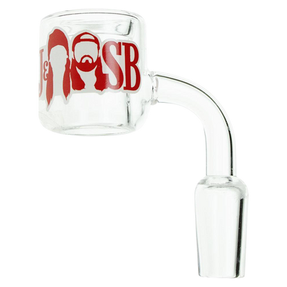 A close-up, angled view of the Jay and Silent Bob Quartz Banger, showing its clear quartz construction and rounded form.