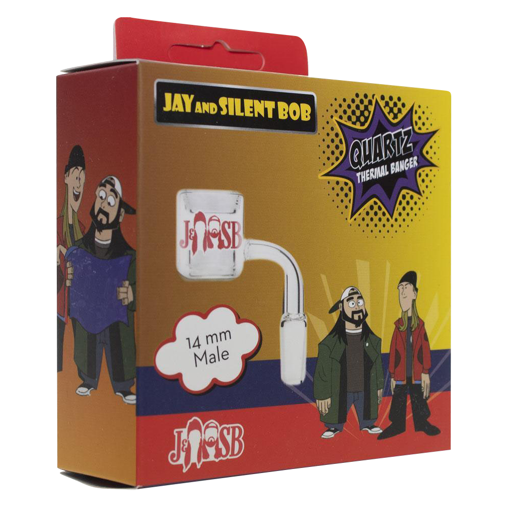 Front view of the Jay and Silent Bob Quartz Banger, highlighting its reflective surface against a blurred background.