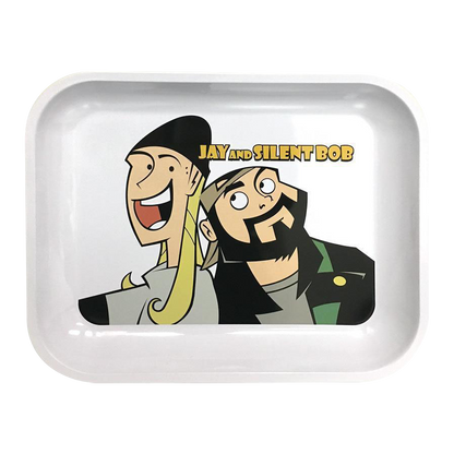 The Jay and Silent Bob Rolling Tray depicts a close-up, illustrative view of the duo against a white background.