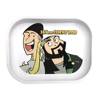 The Jay and Silent Bob Rolling Tray features a close-up illustration of the iconic duo against a white background.