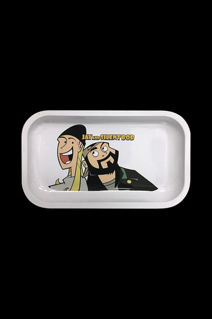 Overhead view of the Jay and Silent Bob Rolling Tray featuring a detailed graphic design on a rectangular surface.