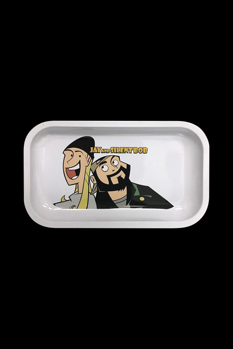 Overhead view of the Jay and Silent Bob Rolling Tray featuring a detailed graphic design on a rectangular surface.