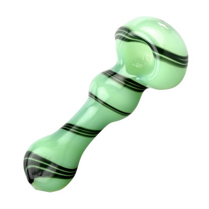 A close-up, angled view of the Jade Green Black Swirl Spoon Pipe, showcasing its smooth, swirling glass design.