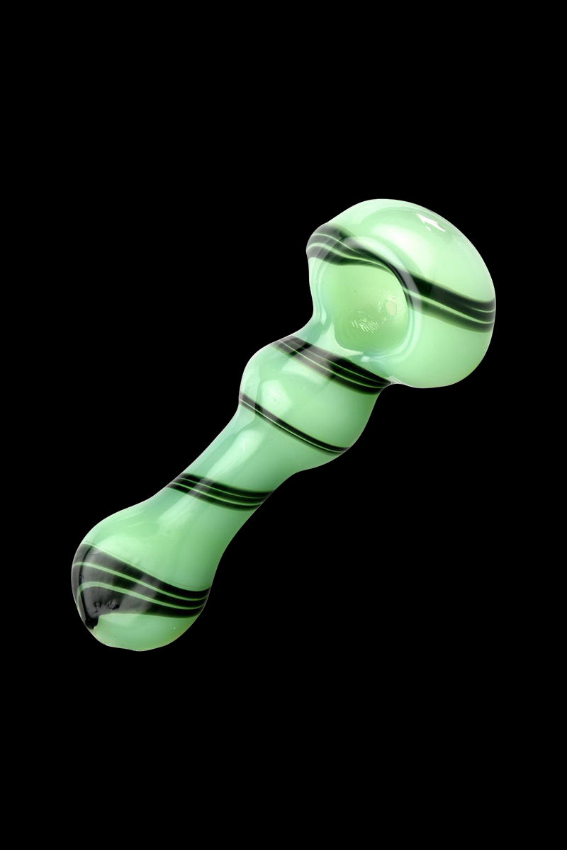 A side view of the Jade Green Black Swirl Spoon Pipe, showcasing its curved shape and marbled glass finish.
