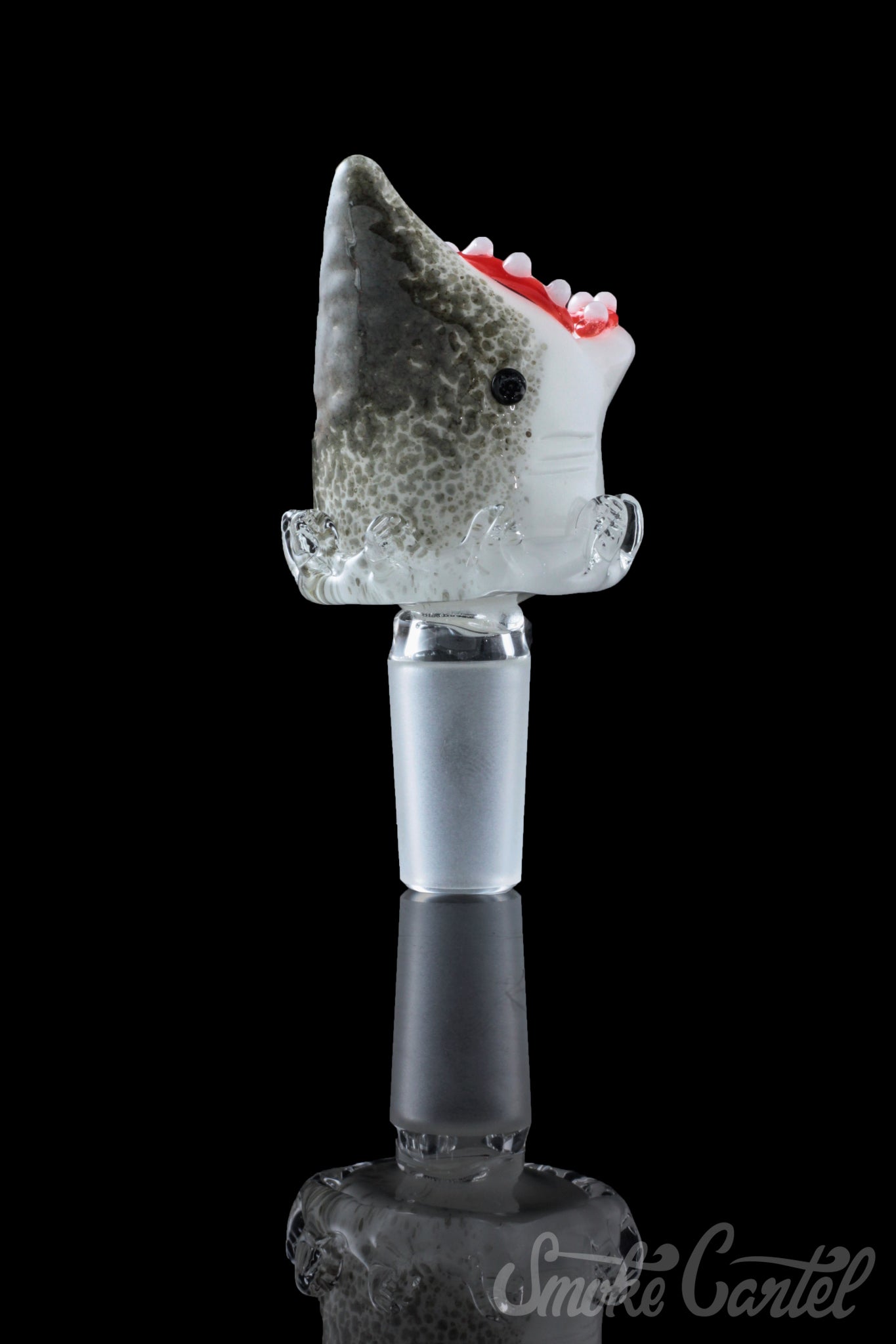 A studio shot of the Empire Glassworks "Jawsome" Bowl Piece, showcasing its shark-shaped glass design with a detailed joint.