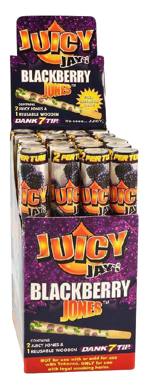 A stack of branded 24-pack **Juicy Jays Pre-Rolled Cones** is displayed in a promotional shot with a vibrant, colorful design.