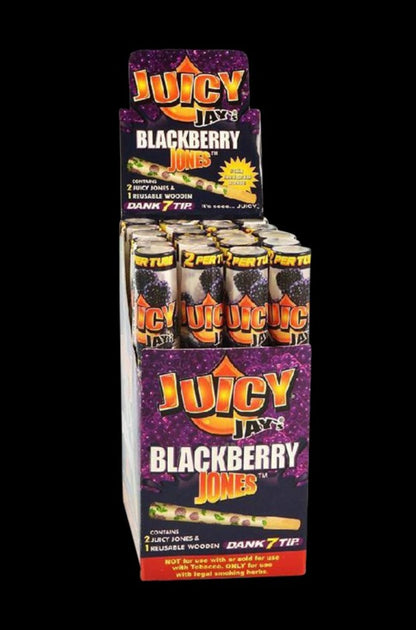 Front view of the 24-pack of Juicy Jays Pre-Rolled Cones, showcasing the colorful branded packaging with a close-up view of the label.