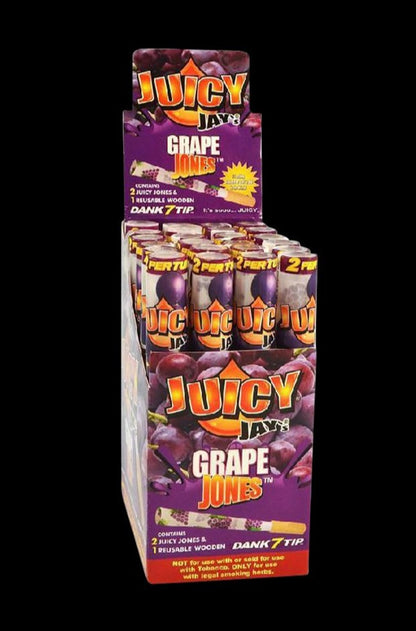 Front view of a 24-pack of Juicy Jays Pre-Rolled Cones, displaying a colorful display box with grape-themed graphics.