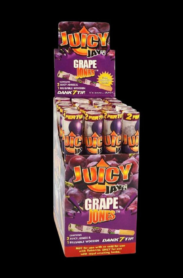 Front view of a 24-pack of Juicy Jays Pre-Rolled Cones, displaying a colorful display box with grape-themed graphics.