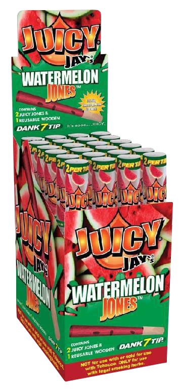 A close-up of the packaging for Juicy Jays Pre-Rolled Cones - 24 Pack, displaying vibrant watermelon graphics and branding.